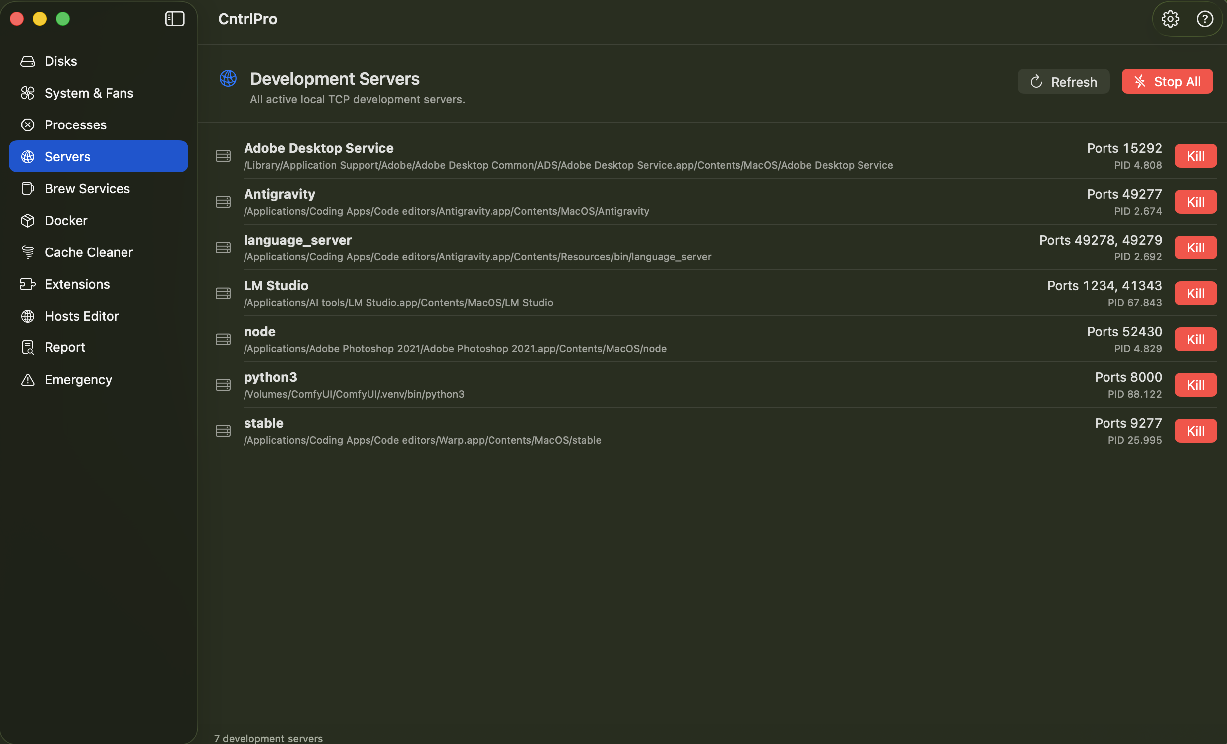 CntrlPro Development Servers screenshot