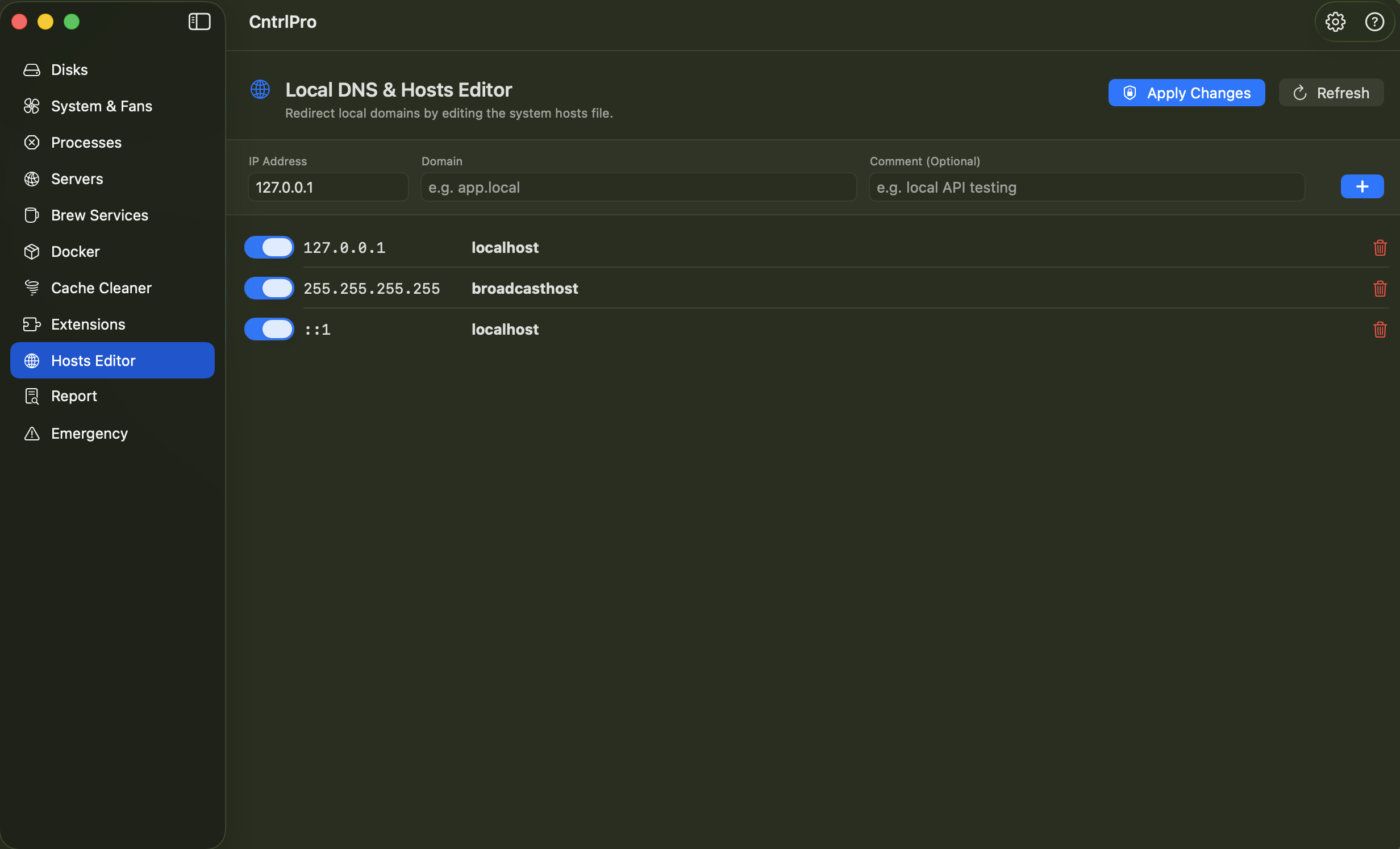 CntrlPro Hosts and DNS screenshot