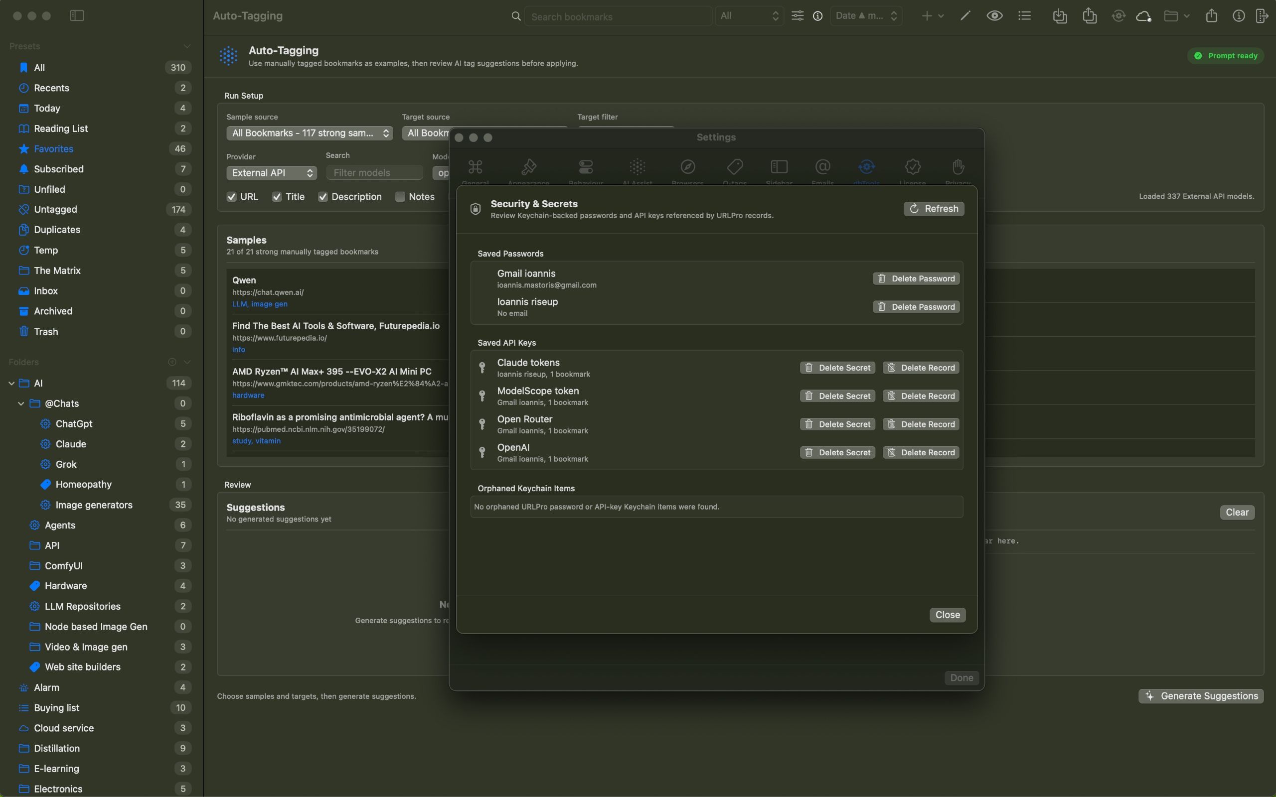 URLPro secrets and account records screenshot